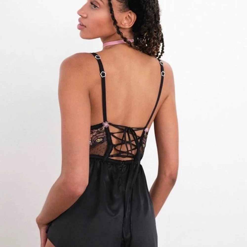 For Love & Lemons Clara‎ Romper Black Floral Lace Satin Teddy XS New $150